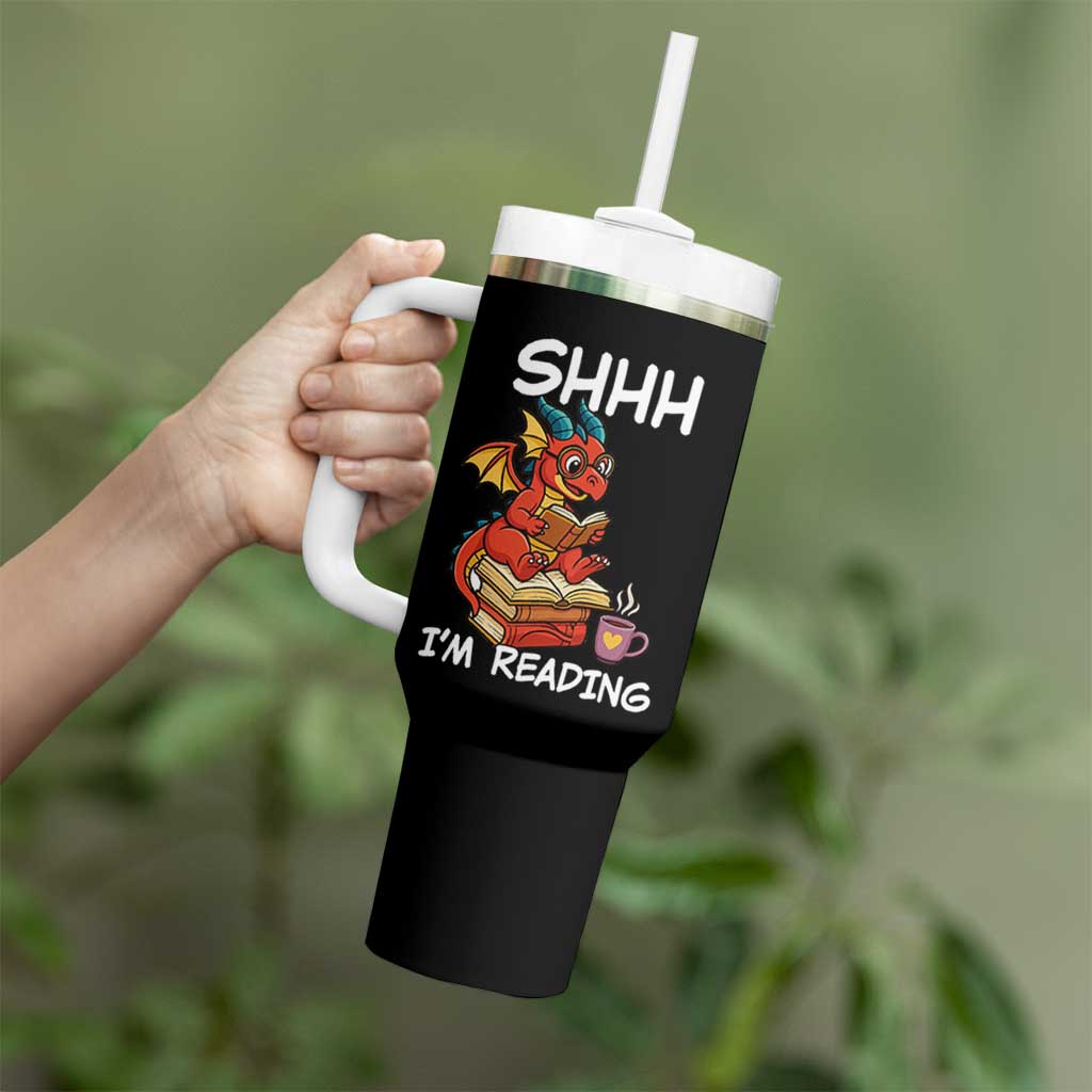 Shhh I Am Reading Tumbler With Handle Funny Dragon Reading Book
