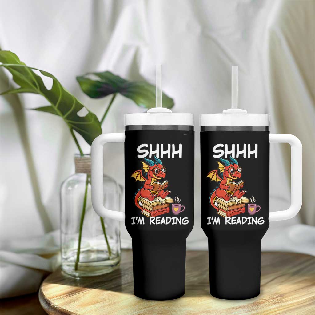 Shhh I Am Reading Tumbler With Handle Funny Dragon Reading Book