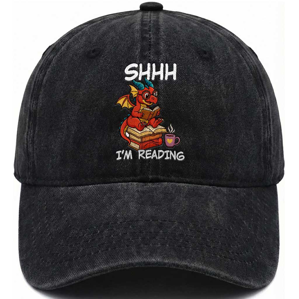 Shhh I Am Reading Washed Cotton Baseball Cap Funny Dragon Reading Book