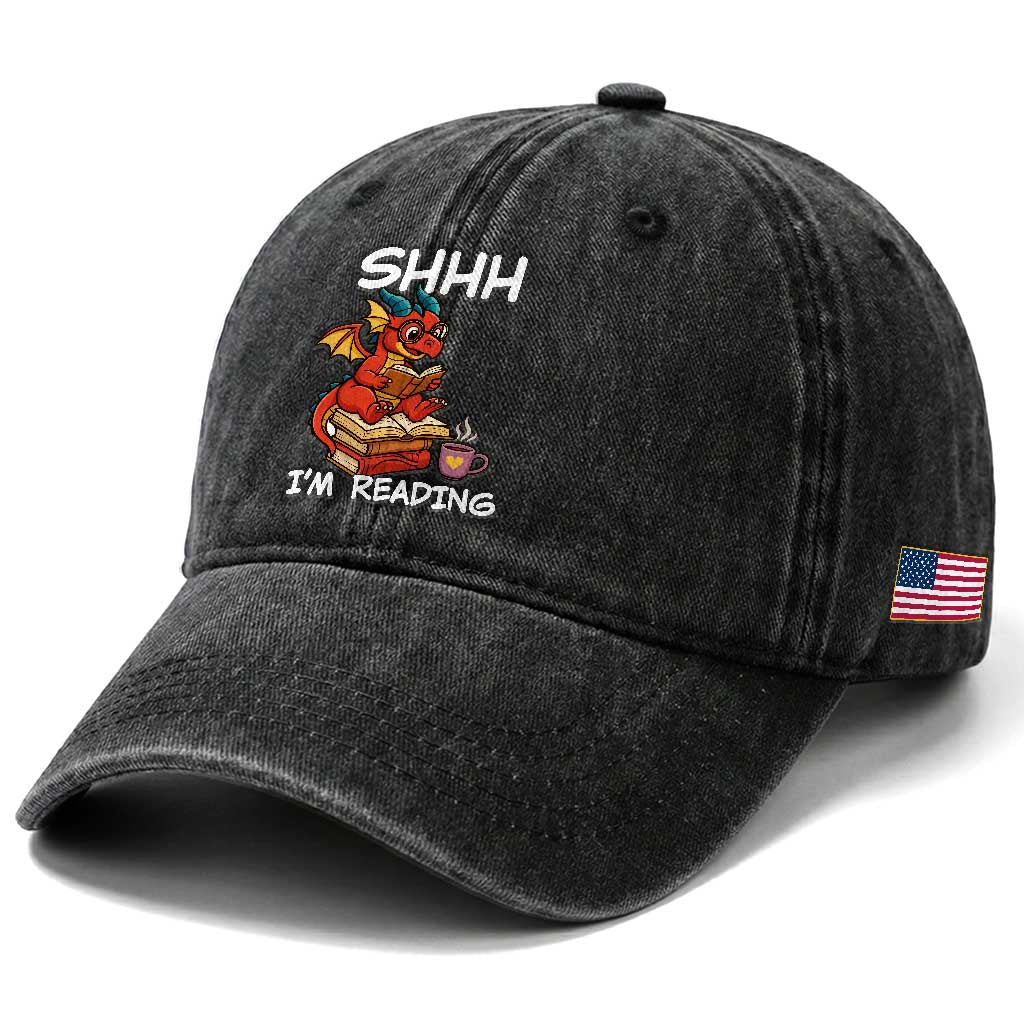 Shhh I Am Reading Washed Cotton Baseball Cap Funny Dragon Reading Book