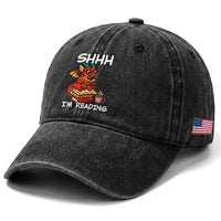 Shhh I Am Reading Washed Cotton Baseball Cap Funny Dragon Reading Book