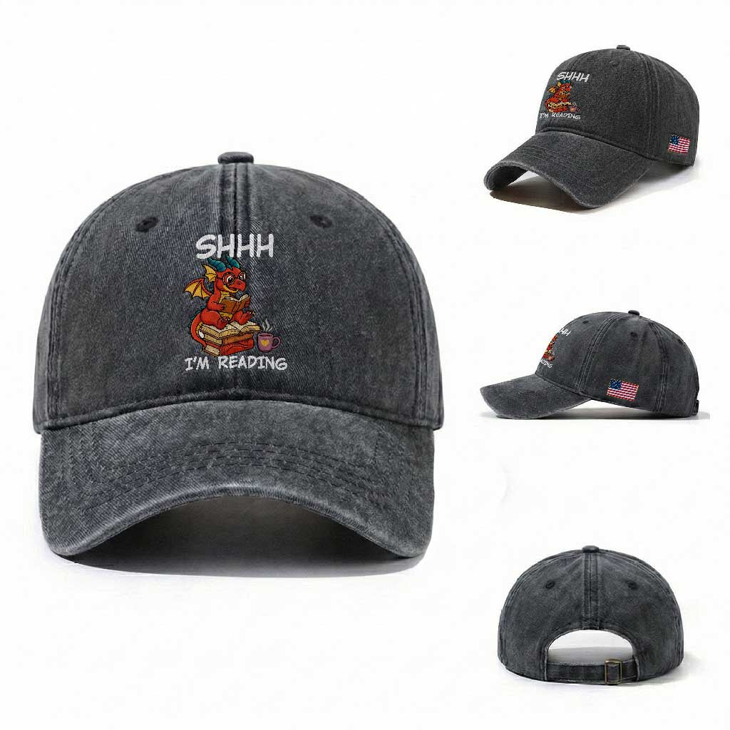 Shhh I Am Reading Washed Cotton Baseball Cap Funny Dragon Reading Book