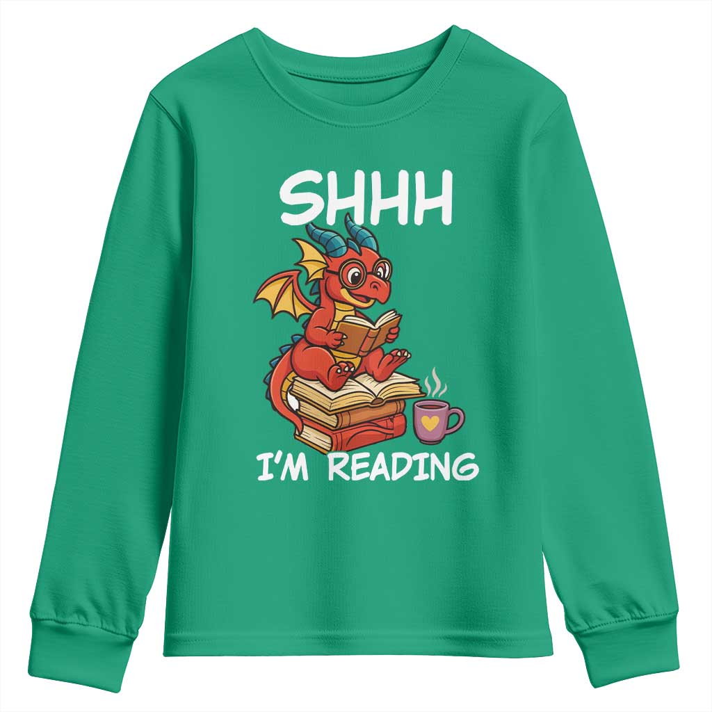 Shhh I Am Reading Youth Sweatshirt Funny Dragon Reading Book - Wonder Print Shop