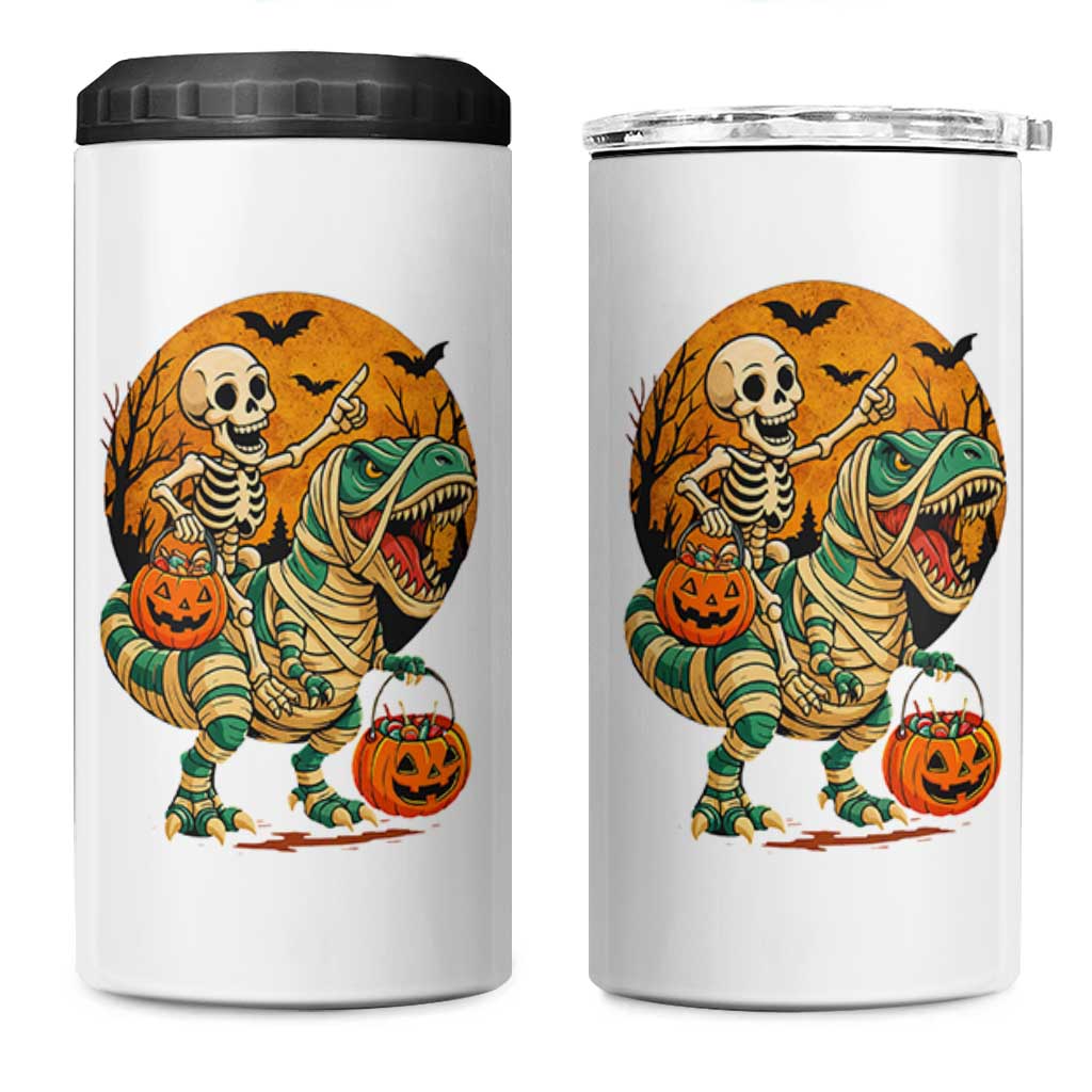 Funny Skeleton Riding Mummy Dinosaur Halloween 4 in 1 Can Cooler Tumbler