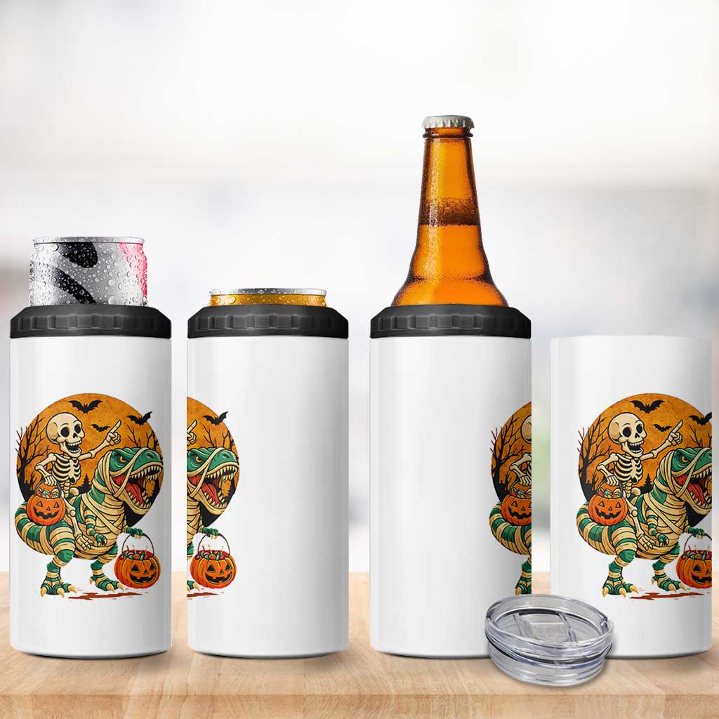 Funny Skeleton Riding Mummy Dinosaur Halloween 4 in 1 Can Cooler Tumbler