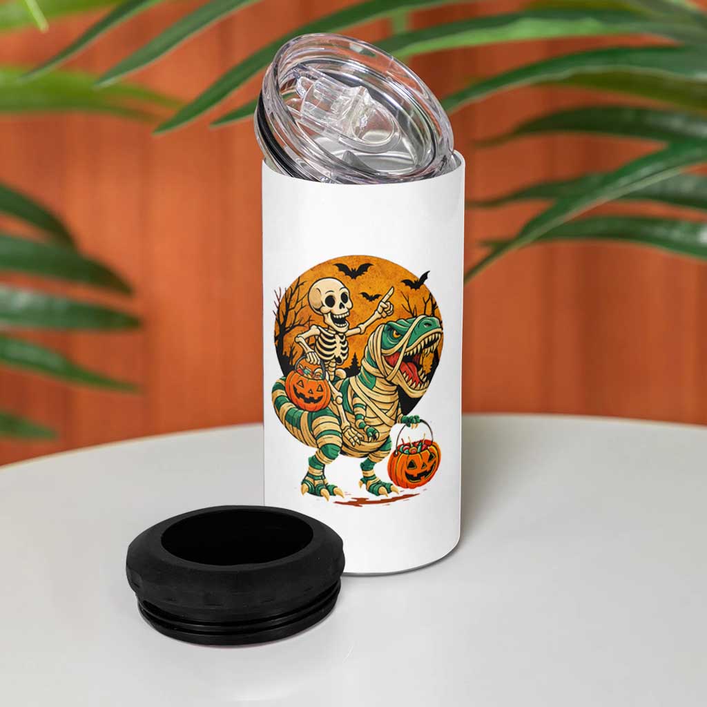 Funny Skeleton Riding Mummy Dinosaur Halloween 4 in 1 Can Cooler Tumbler