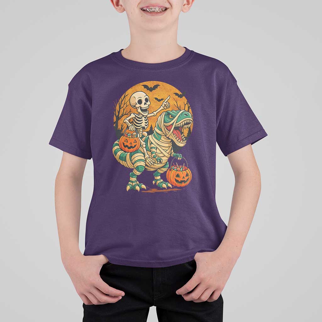 Funny Skeleton Riding Mummy Dinosaur Halloween T Shirt For Kid - Wonder Print Shop
