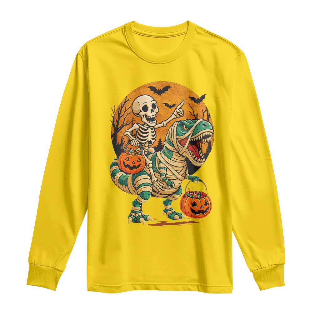 Funny Skeleton Riding Mummy Dinosaur Halloween Long Sleeve Shirt - Wonder Print Shop