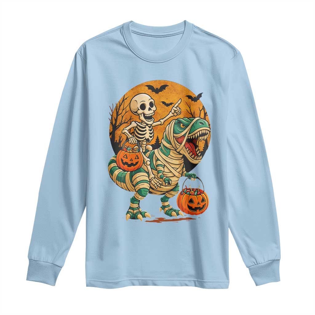 Funny Skeleton Riding Mummy Dinosaur Halloween Long Sleeve Shirt - Wonder Print Shop