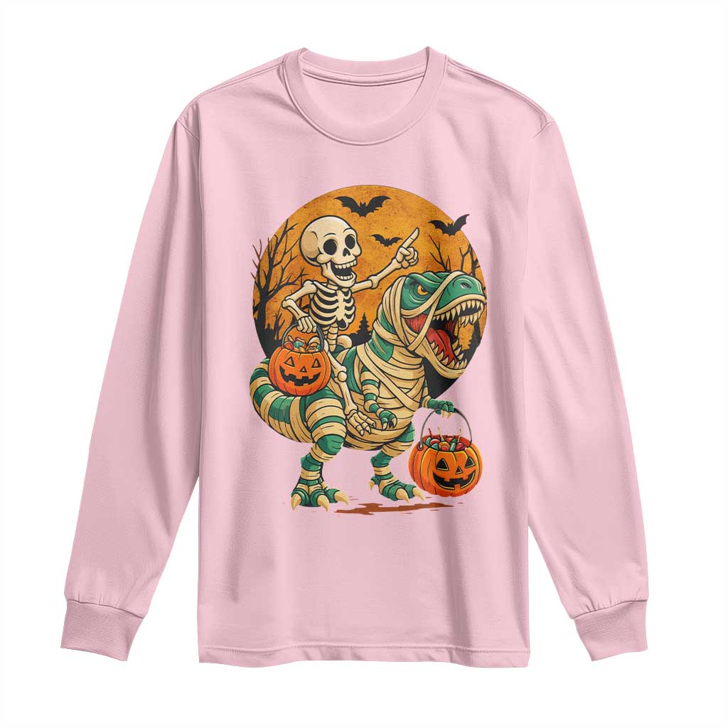 Funny Skeleton Riding Mummy Dinosaur Halloween Long Sleeve Shirt - Wonder Print Shop