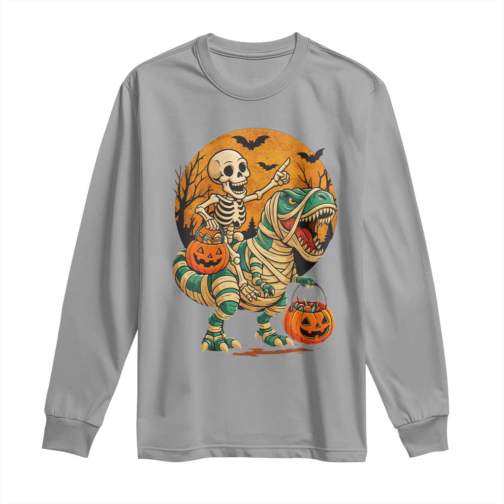 Funny Skeleton Riding Mummy Dinosaur Halloween Long Sleeve Shirt - Wonder Print Shop