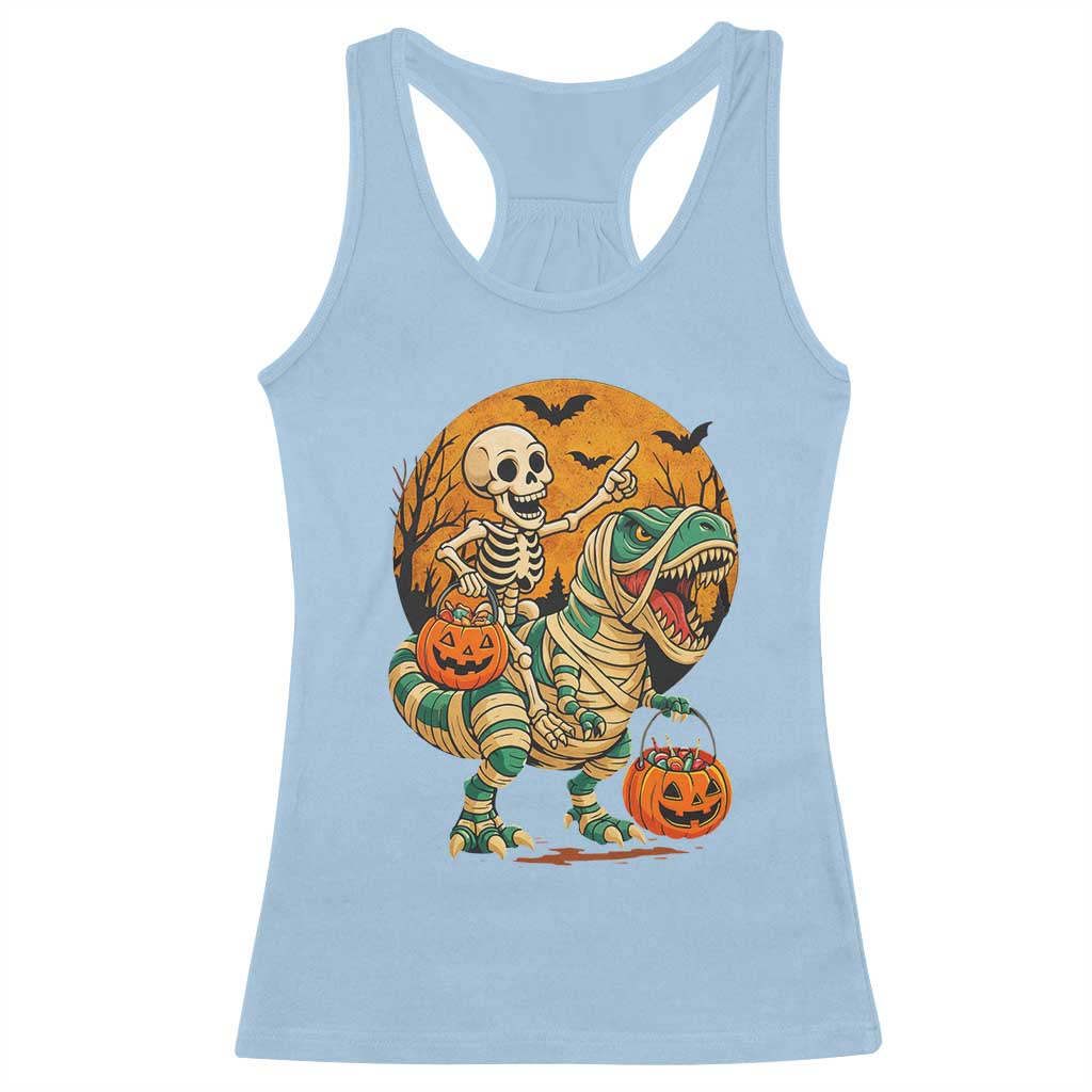 Funny Skeleton Riding Mummy Dinosaur Halloween Racerback Tank Top - Wonder Print Shop