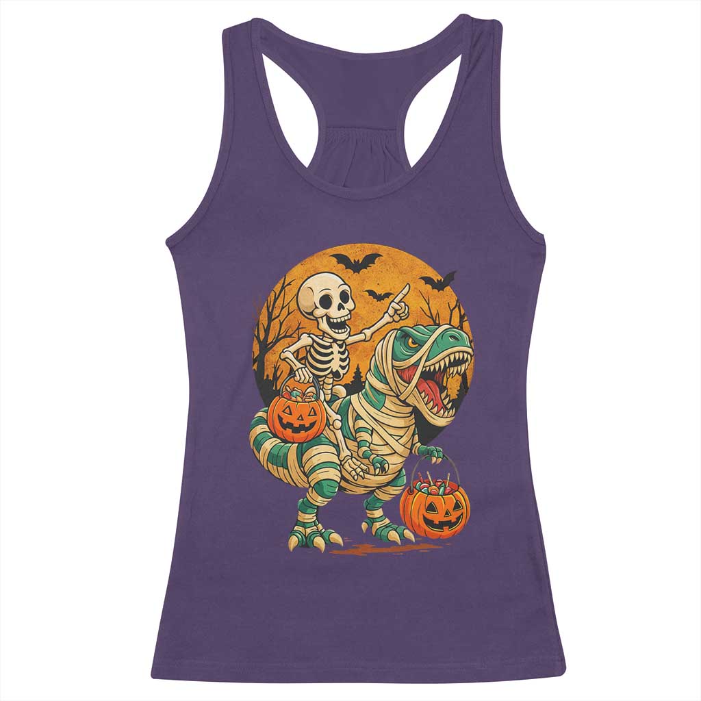 Funny Skeleton Riding Mummy Dinosaur Halloween Racerback Tank Top - Wonder Print Shop