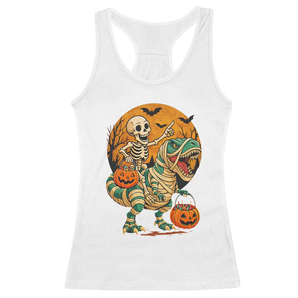 Funny Skeleton Riding Mummy Dinosaur Halloween Racerback Tank Top - Wonder Print Shop