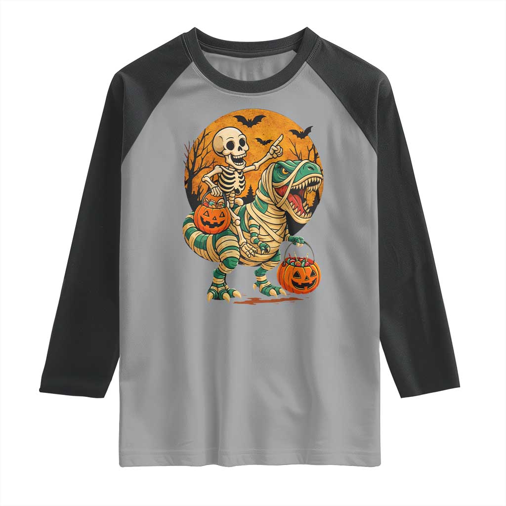 Funny Skeleton Riding Mummy Dinosaur Halloween Raglan Shirt - Wonder Print Shop