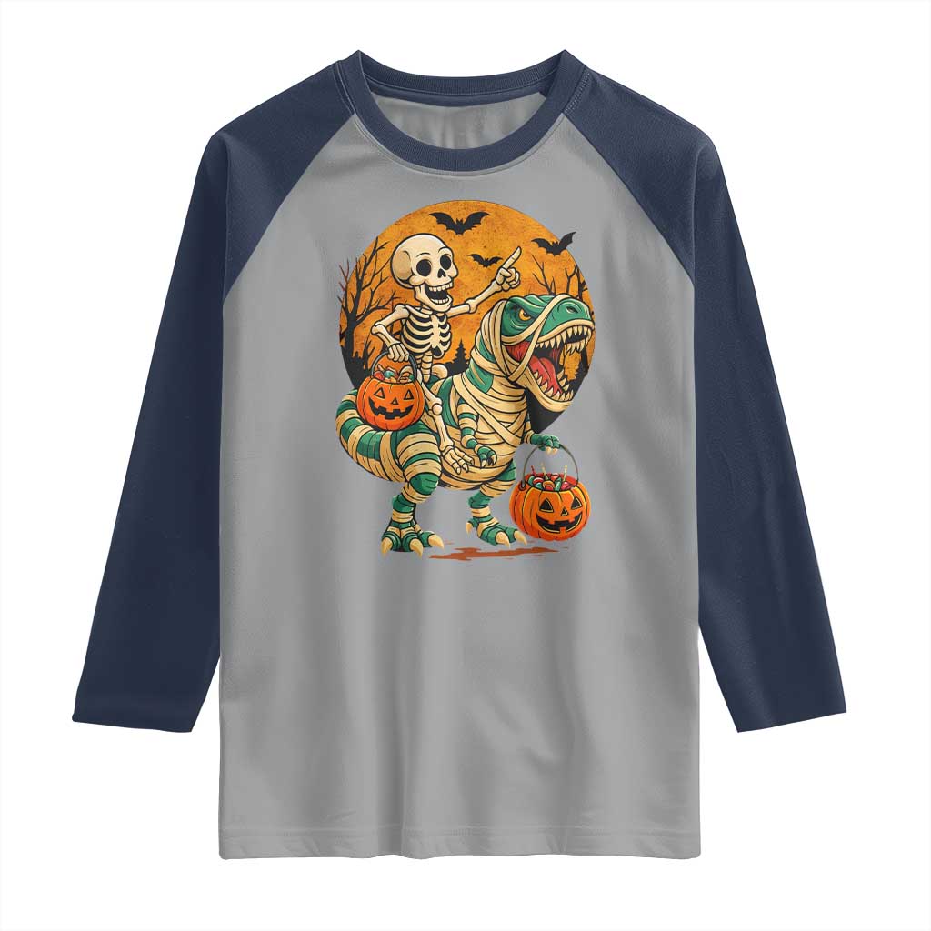 Funny Skeleton Riding Mummy Dinosaur Halloween Raglan Shirt - Wonder Print Shop