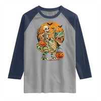 Funny Skeleton Riding Mummy Dinosaur Halloween Raglan Shirt - Wonder Print Shop