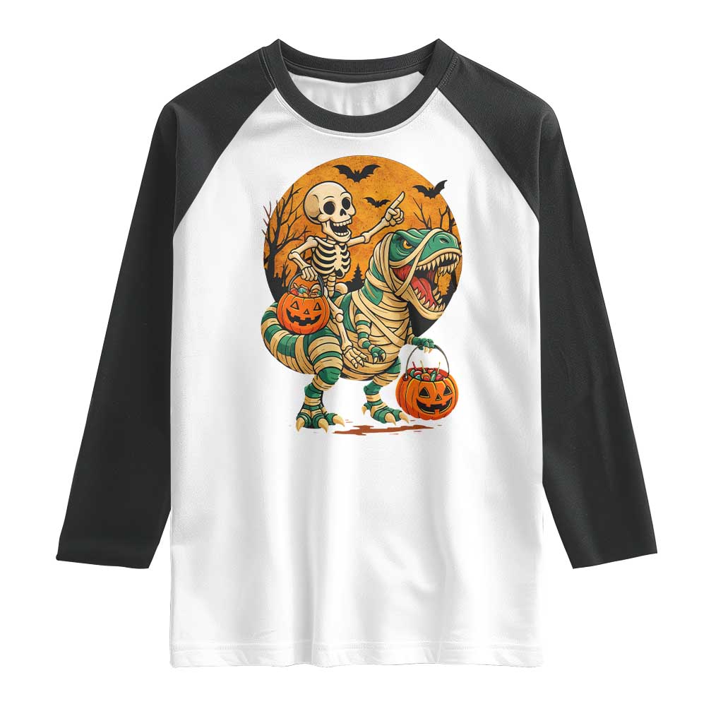 Funny Skeleton Riding Mummy Dinosaur Halloween Raglan Shirt - Wonder Print Shop