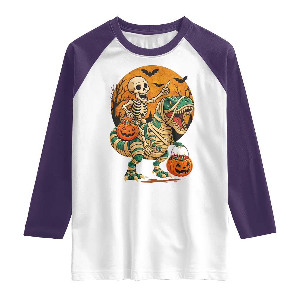 Funny Skeleton Riding Mummy Dinosaur Halloween Raglan Shirt - Wonder Print Shop