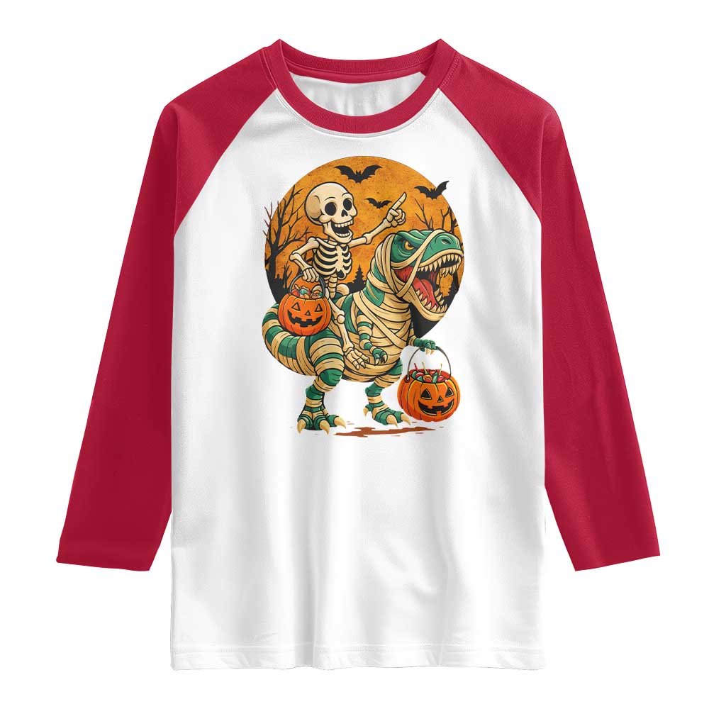 Funny Skeleton Riding Mummy Dinosaur Halloween Raglan Shirt - Wonder Print Shop