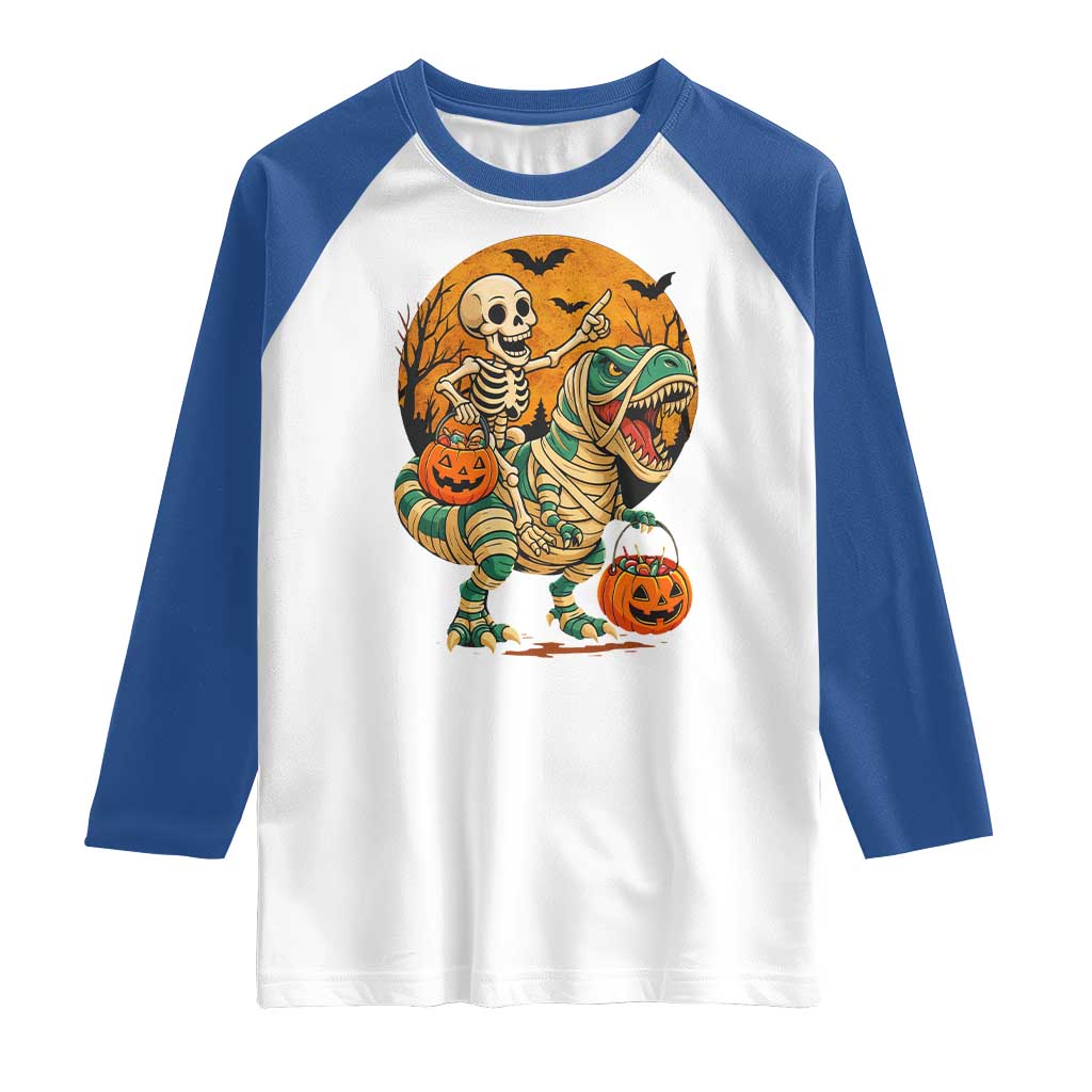 Funny Skeleton Riding Mummy Dinosaur Halloween Raglan Shirt - Wonder Print Shop