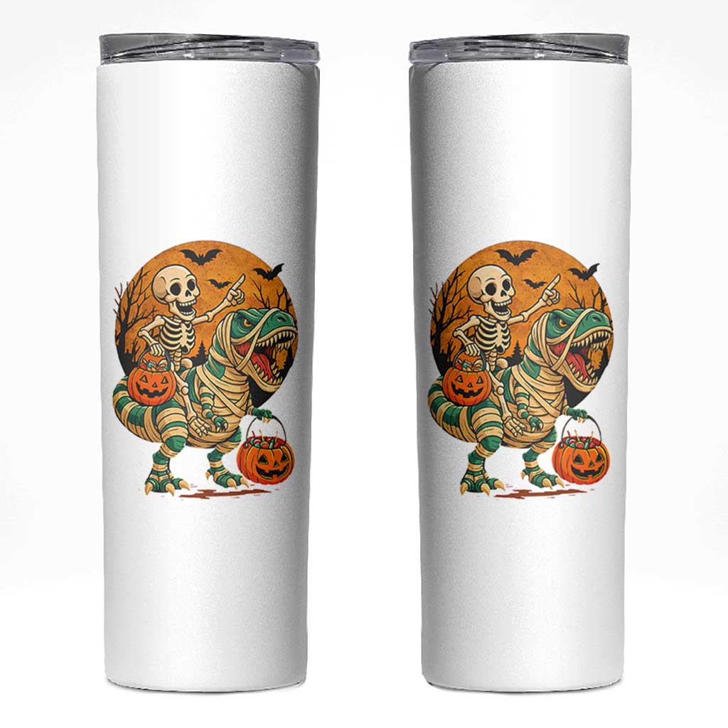 Funny Skeleton Riding Mummy Dinosaur Halloween Skinny Tumbler