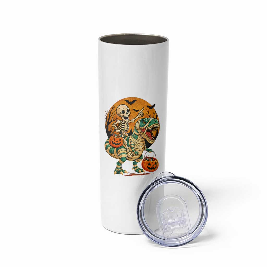 Funny Skeleton Riding Mummy Dinosaur Halloween Skinny Tumbler