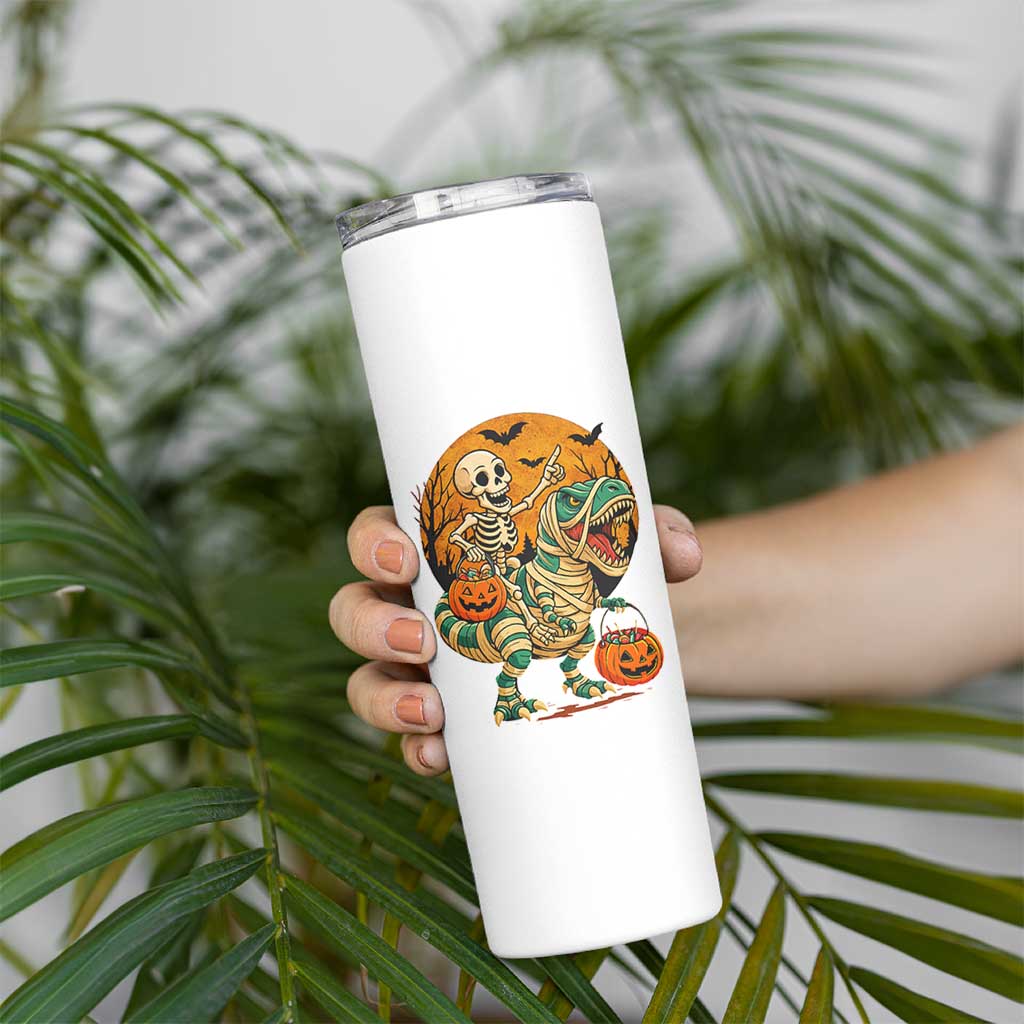 Funny Skeleton Riding Mummy Dinosaur Halloween Skinny Tumbler