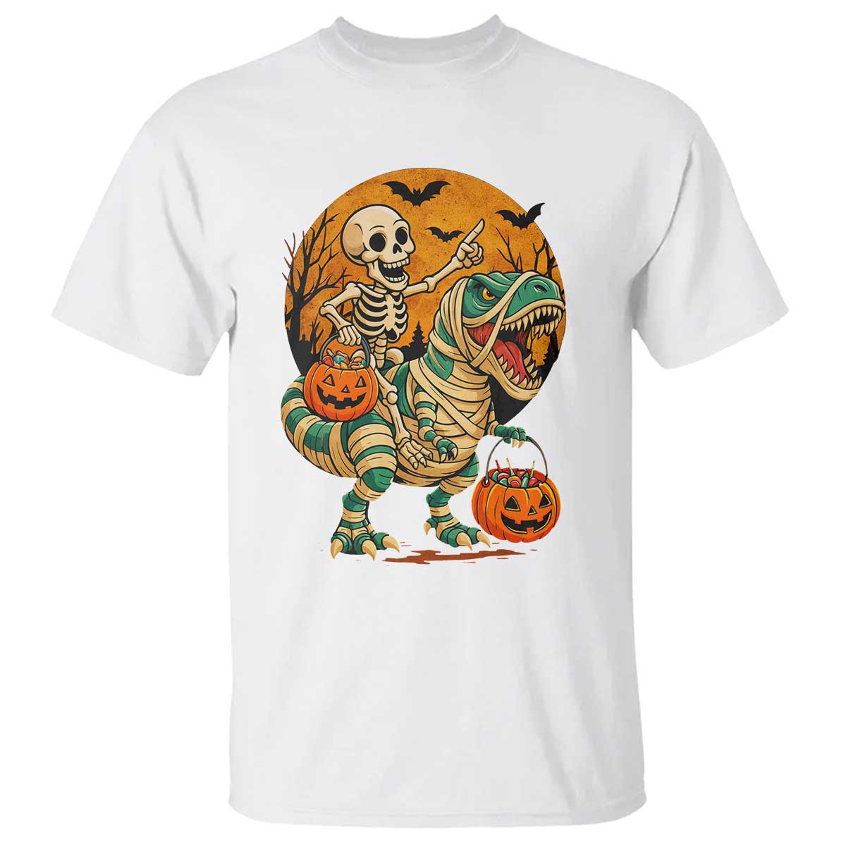 Funny Skeleton Riding Mummy Dinosaur Halloween T Shirt - Wonder Print Shop