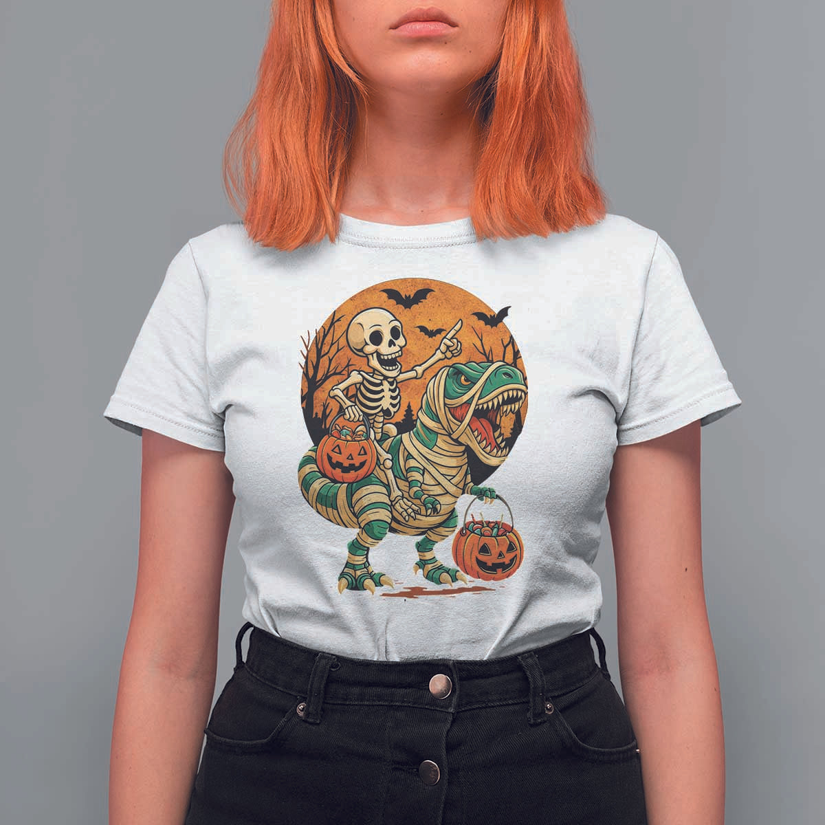 Funny Skeleton Riding Mummy Dinosaur Halloween T Shirt For Women - Wonder Print Shop