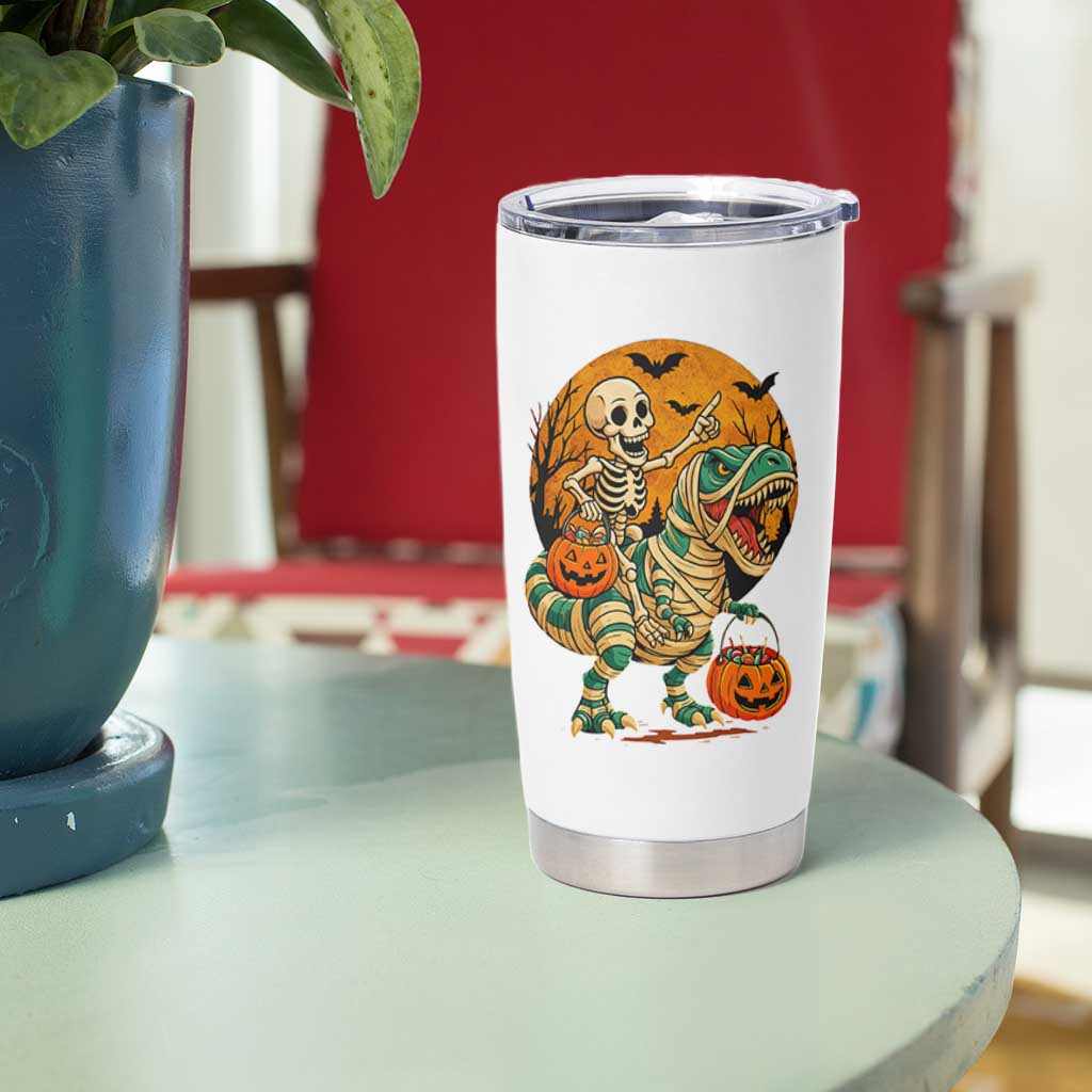Funny Skeleton Riding Mummy Dinosaur Halloween Tumbler Cup