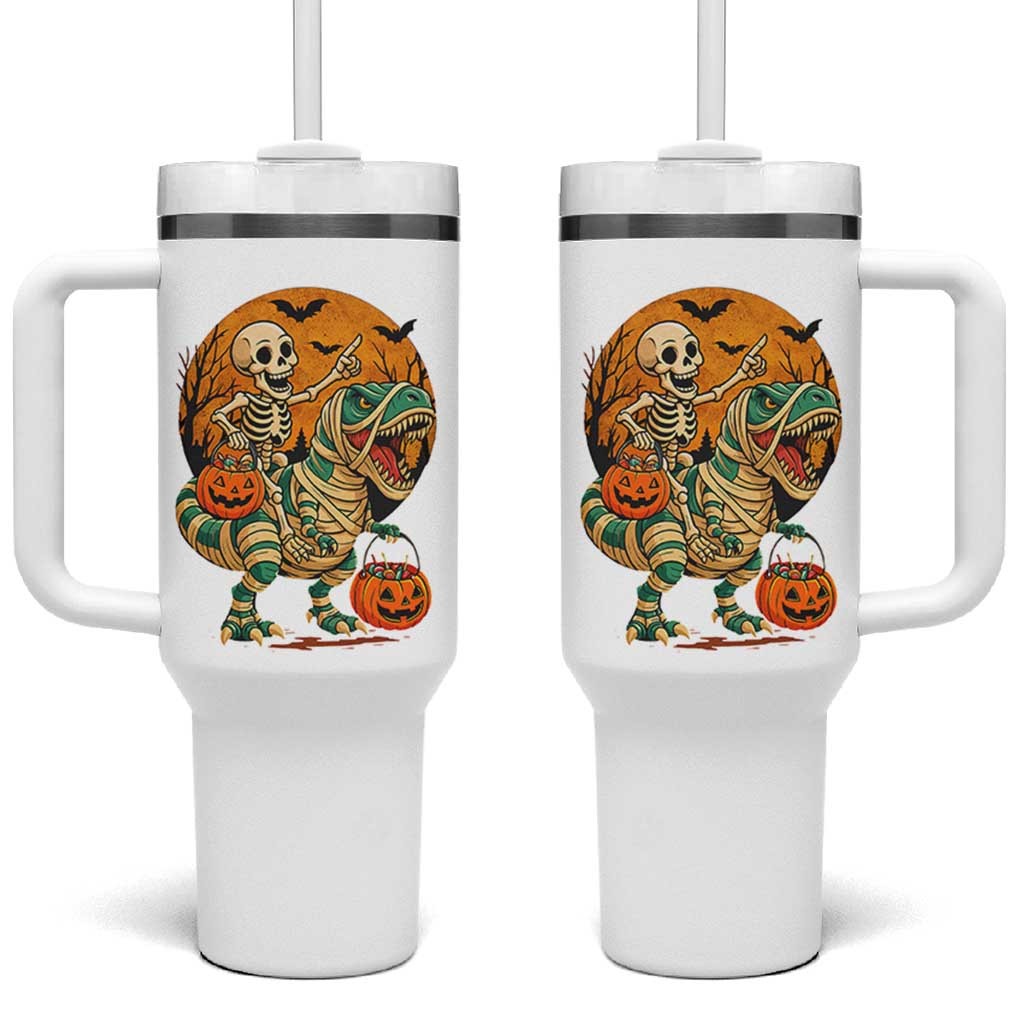 Funny Skeleton Riding Mummy Dinosaur Halloween Tumbler With Handle