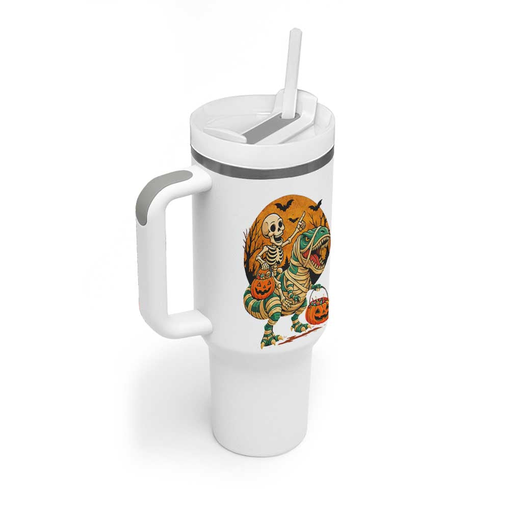 Funny Skeleton Riding Mummy Dinosaur Halloween Tumbler With Handle