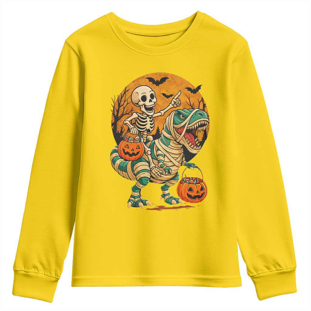 Funny Skeleton Riding Mummy Dinosaur Halloween Youth Sweatshirt - Wonder Print Shop