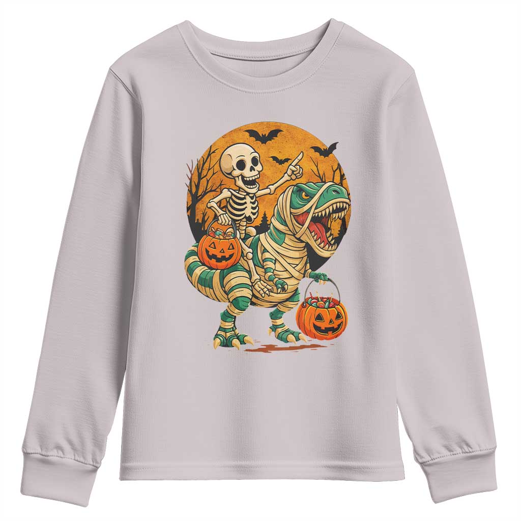 Funny Skeleton Riding Mummy Dinosaur Halloween Youth Sweatshirt - Wonder Print Shop