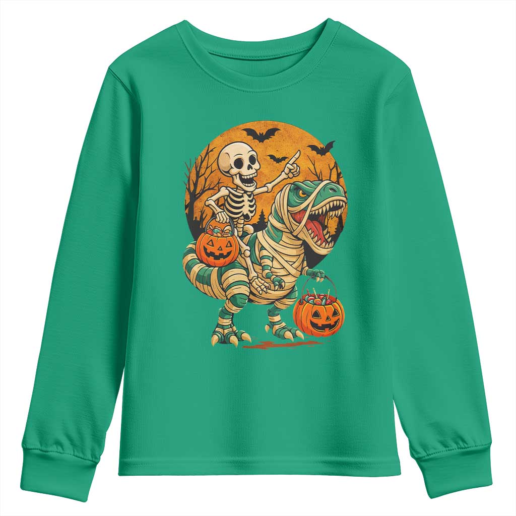 Funny Skeleton Riding Mummy Dinosaur Halloween Youth Sweatshirt - Wonder Print Shop
