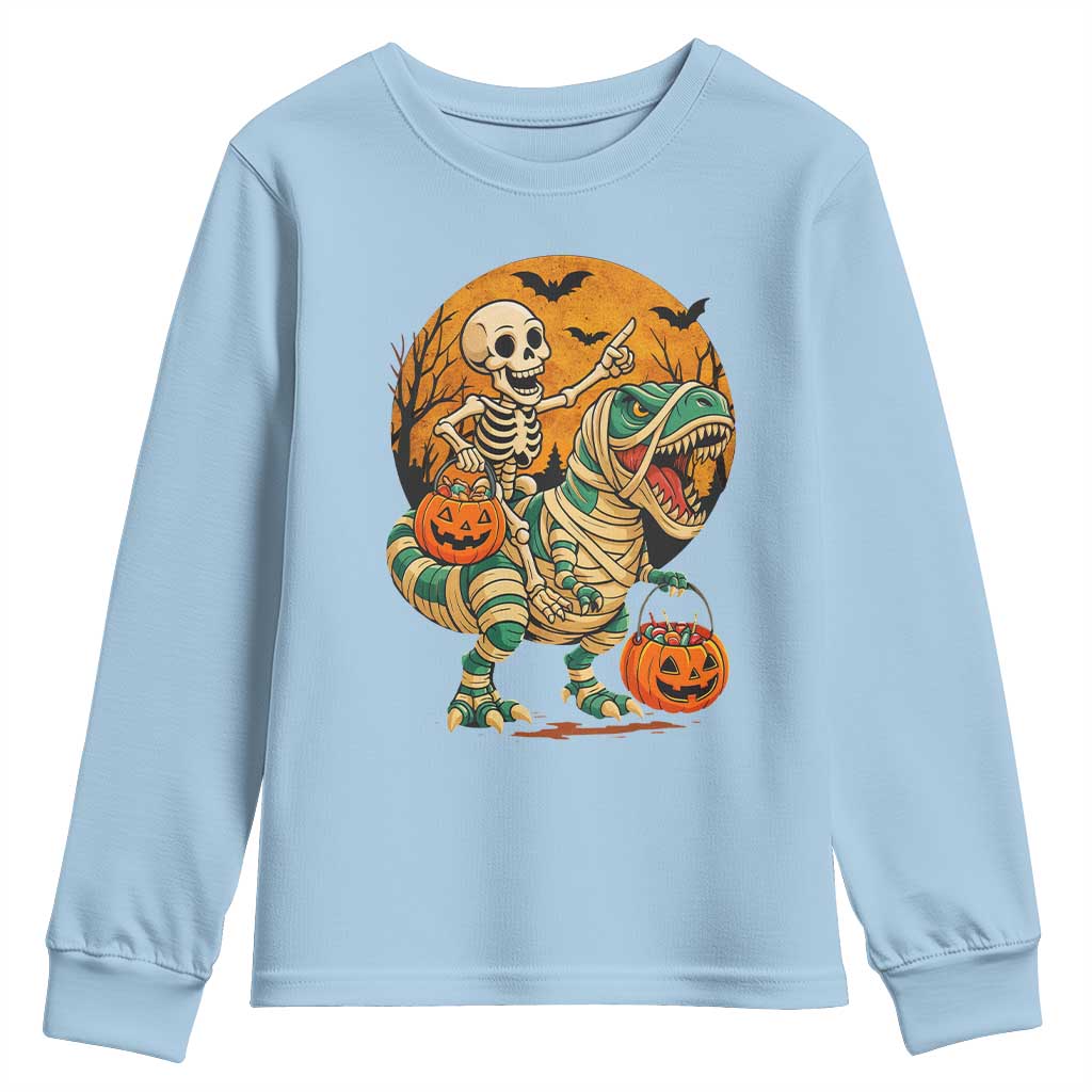 Funny Skeleton Riding Mummy Dinosaur Halloween Youth Sweatshirt - Wonder Print Shop