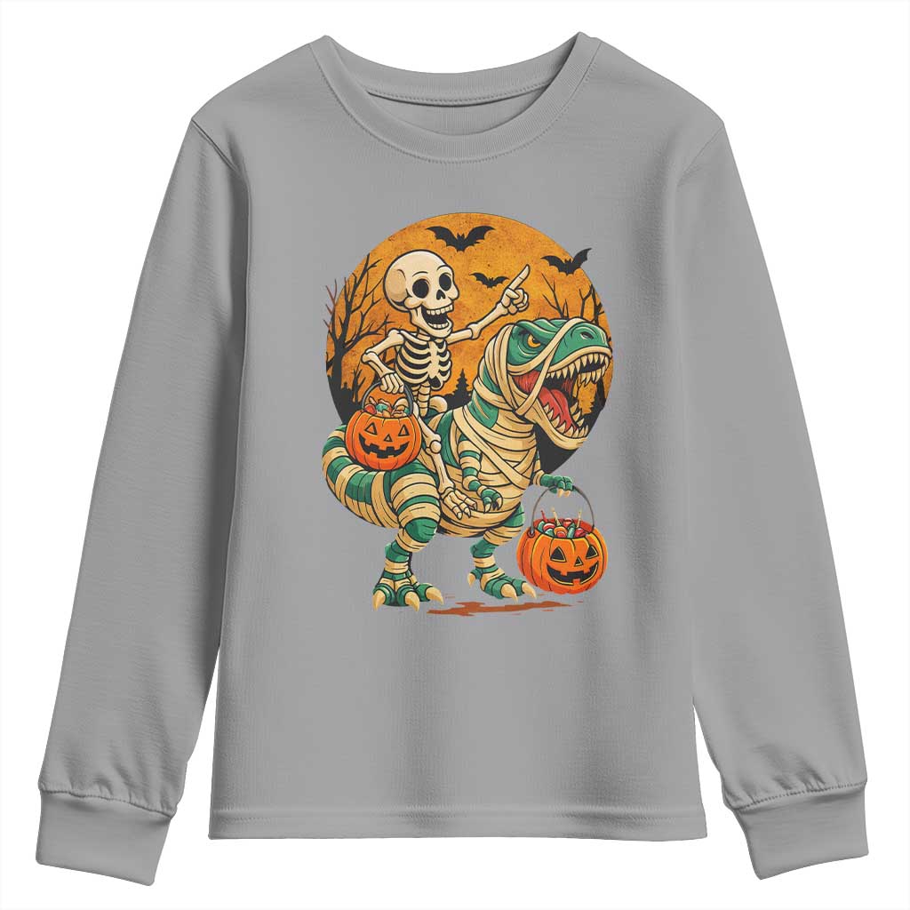 Funny Skeleton Riding Mummy Dinosaur Halloween Youth Sweatshirt - Wonder Print Shop