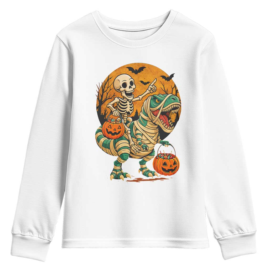 Funny Skeleton Riding Mummy Dinosaur Halloween Youth Sweatshirt - Wonder Print Shop