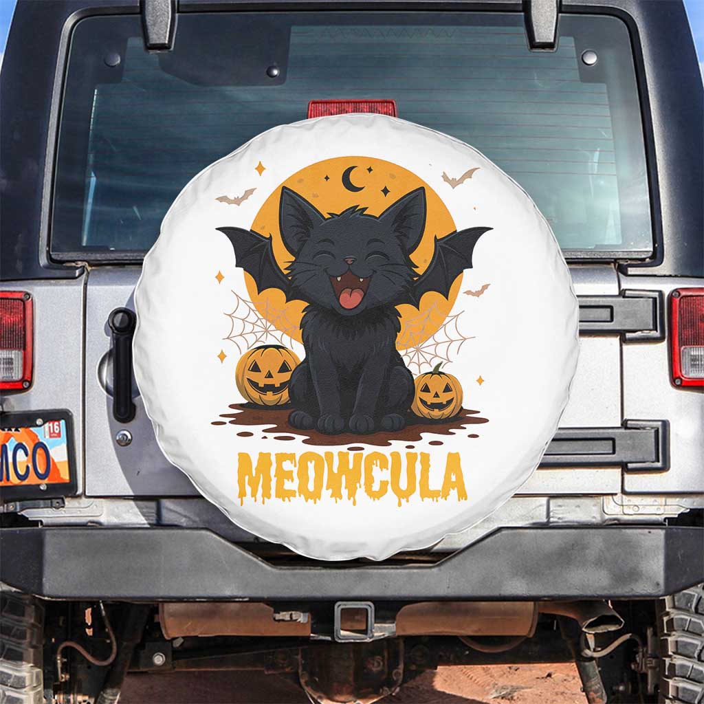 Black Cat Halloween Spare Tire Cover Meowcula Cute Smilling With Bat - Wonder Print Shop