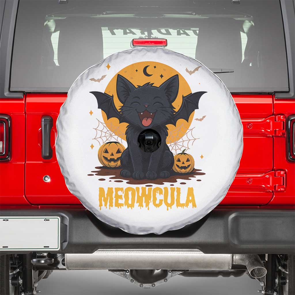 Black Cat Halloween Spare Tire Cover Meowcula Cute Smilling With Bat - Wonder Print Shop