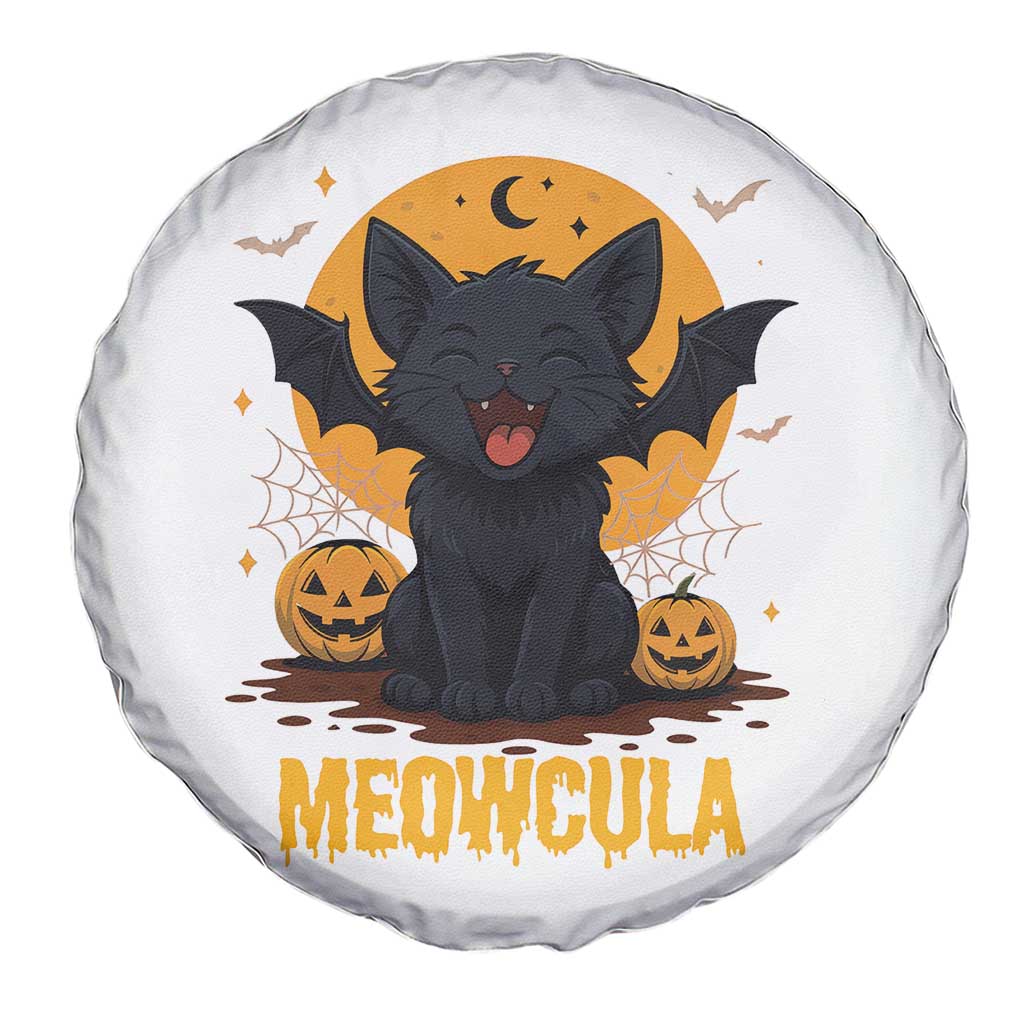 Black Cat Halloween Spare Tire Cover Meowcula Cute Smilling With Bat - Wonder Print Shop