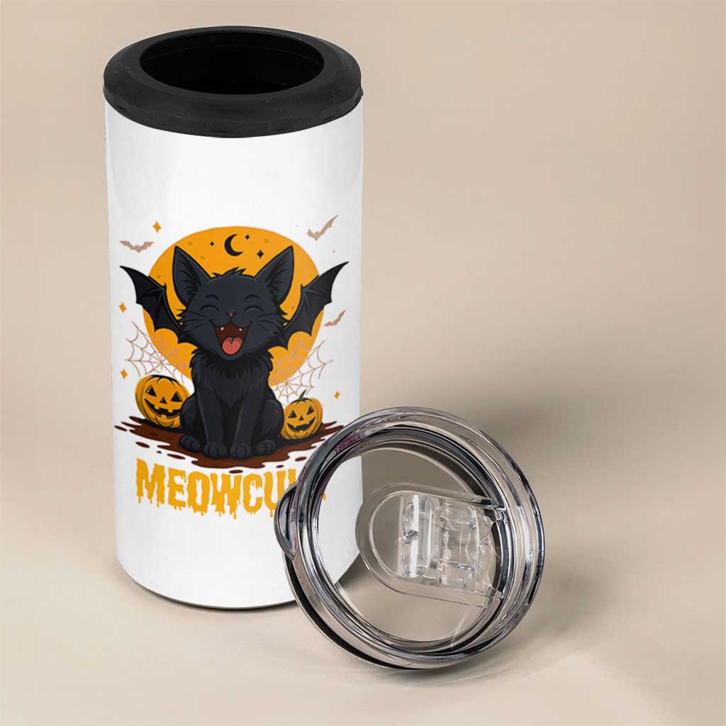 Black Cat Halloween 4 in 1 Can Cooler Tumbler Meowcula Cute Smilling With Bat
