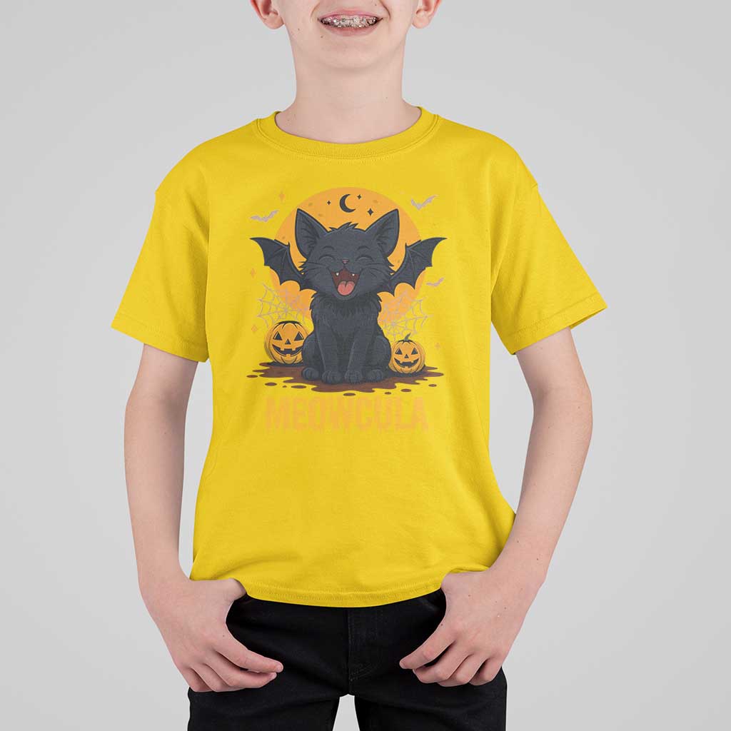 Black Cat Halloween T Shirt For Kid Meowcula Cute Smilling With Bat - Wonder Print Shop