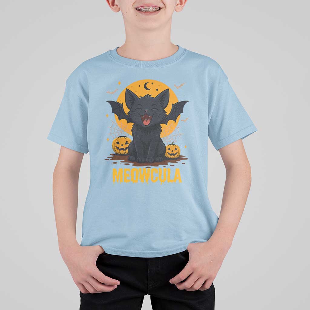 Black Cat Halloween T Shirt For Kid Meowcula Cute Smilling With Bat - Wonder Print Shop