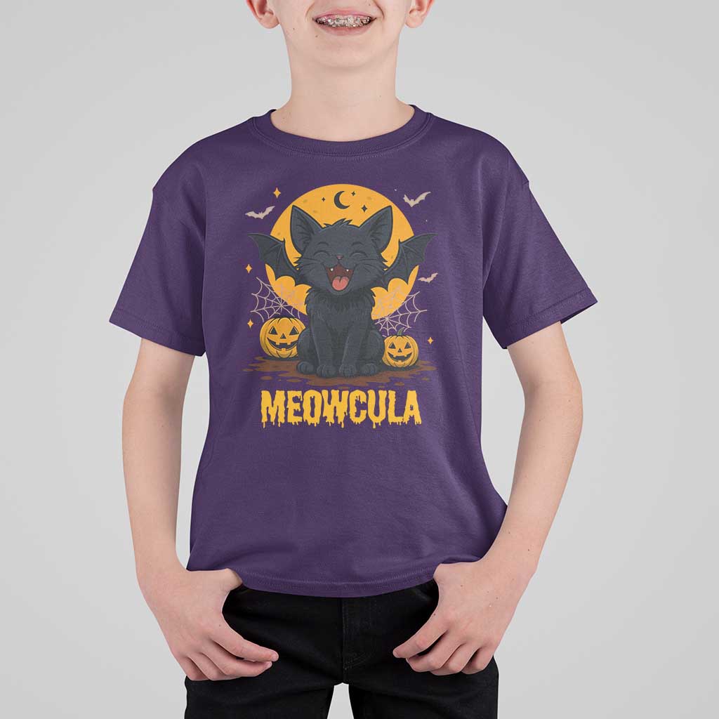 Black Cat Halloween T Shirt For Kid Meowcula Cute Smilling With Bat - Wonder Print Shop
