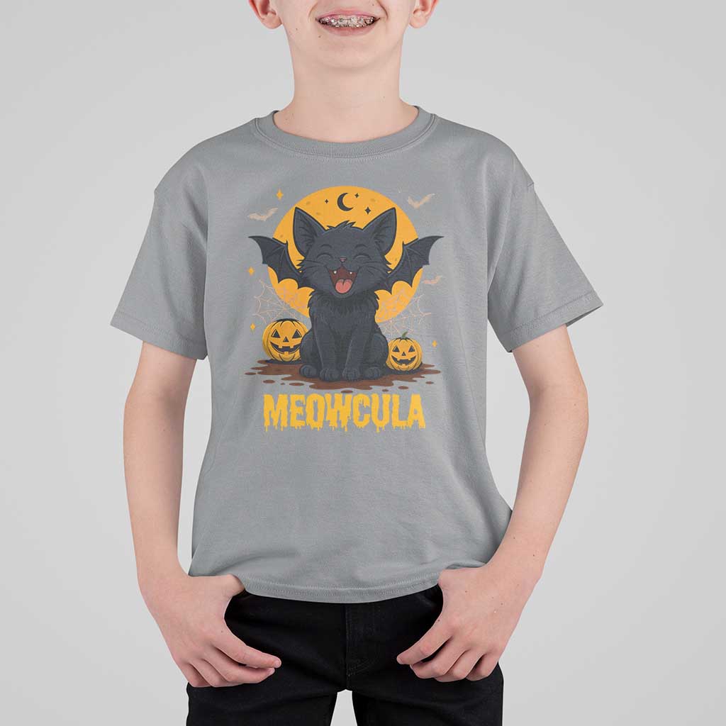 Black Cat Halloween T Shirt For Kid Meowcula Cute Smilling With Bat - Wonder Print Shop
