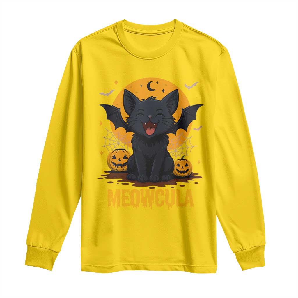 Black Cat Halloween Long Sleeve Shirt Meowcula Cute Smilling With Bat - Wonder Print Shop