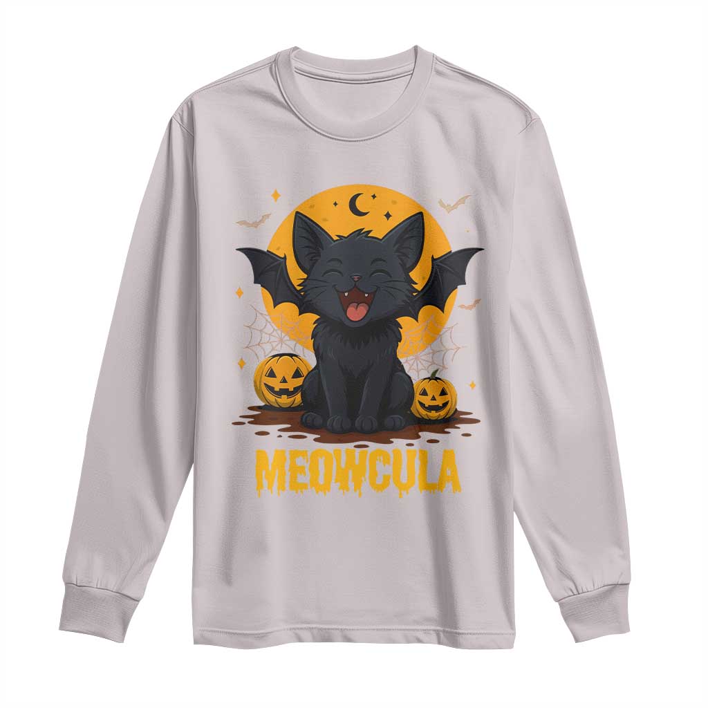 Black Cat Halloween Long Sleeve Shirt Meowcula Cute Smilling With Bat - Wonder Print Shop