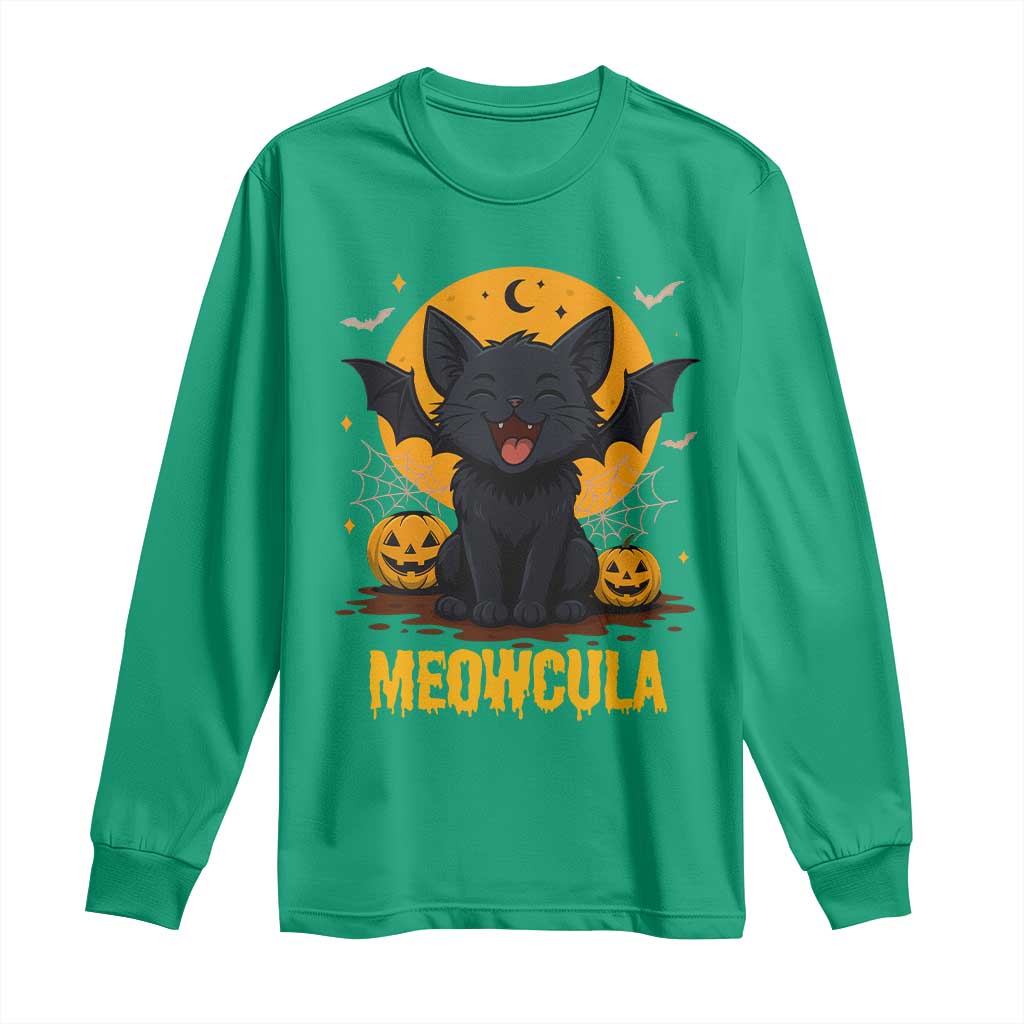 Black Cat Halloween Long Sleeve Shirt Meowcula Cute Smilling With Bat - Wonder Print Shop